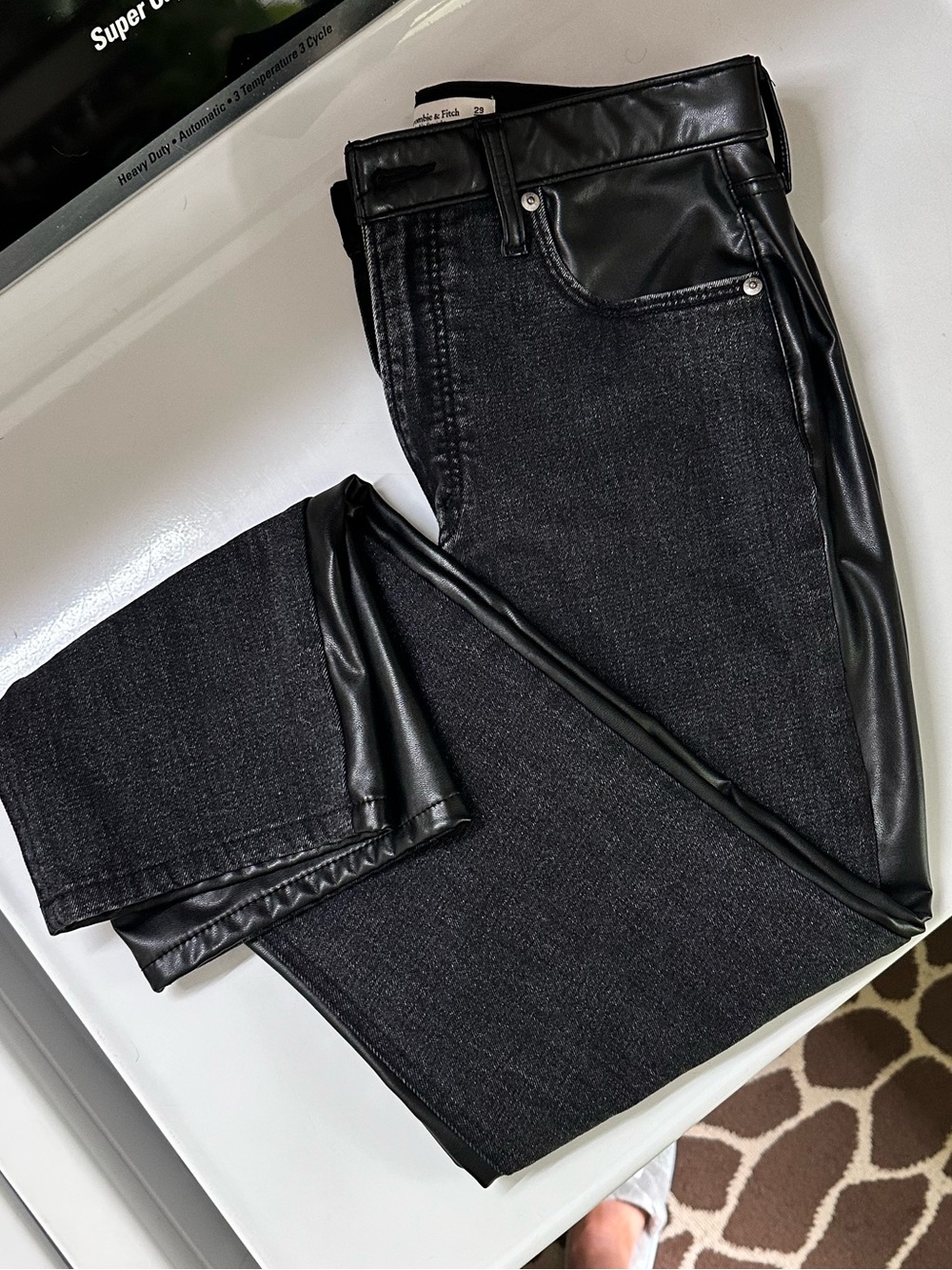 Abercrombie & Fitch Black Mixed Fabric Ankle Straight, Ultra High Rise Jean